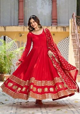 Red Embroidered Georgette Gown With Dupatta