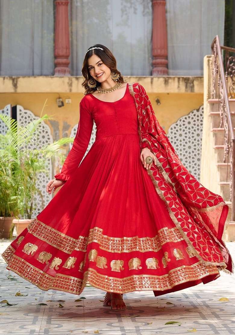 Red Embroidered Georgette Gown With Dupatta - Indya