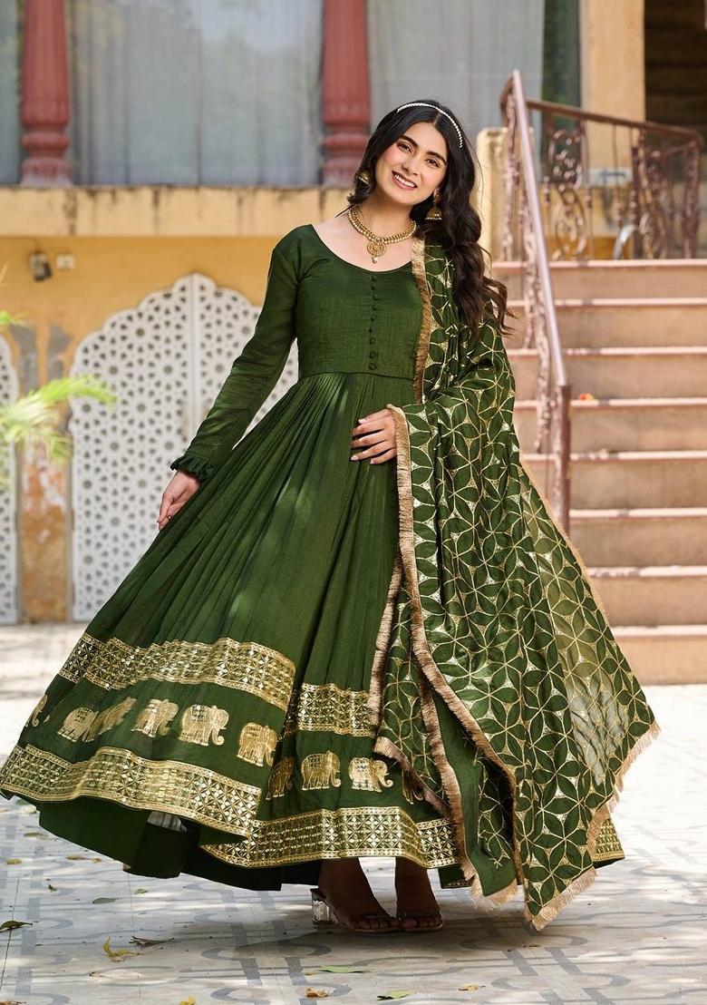 Green Embroidered Georgette Gown With Dupatta - Indya