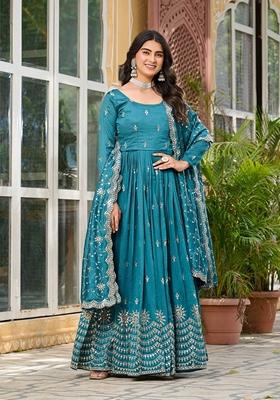 Blue Embroidered Silk Gown With Dupatta