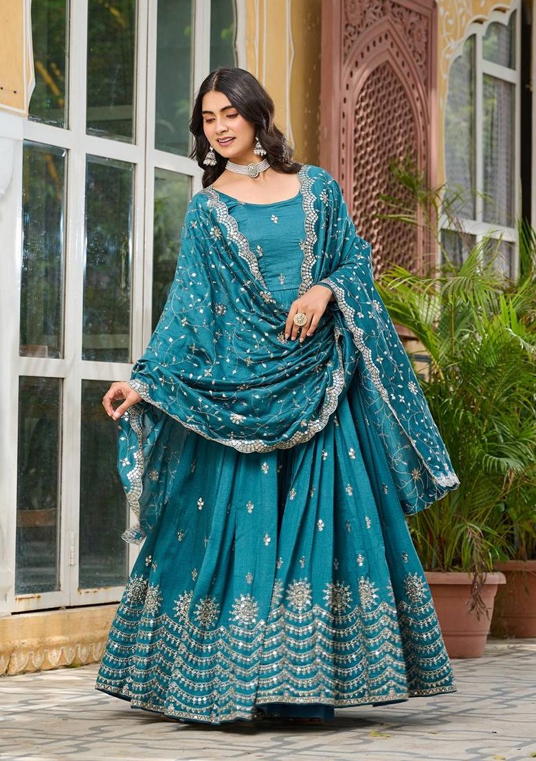 Blue Embroidered Silk Gown With Dupatta - Indya