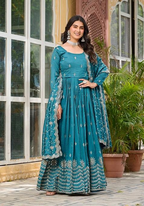 Blue Embroidered Silk Gown With Dupatta