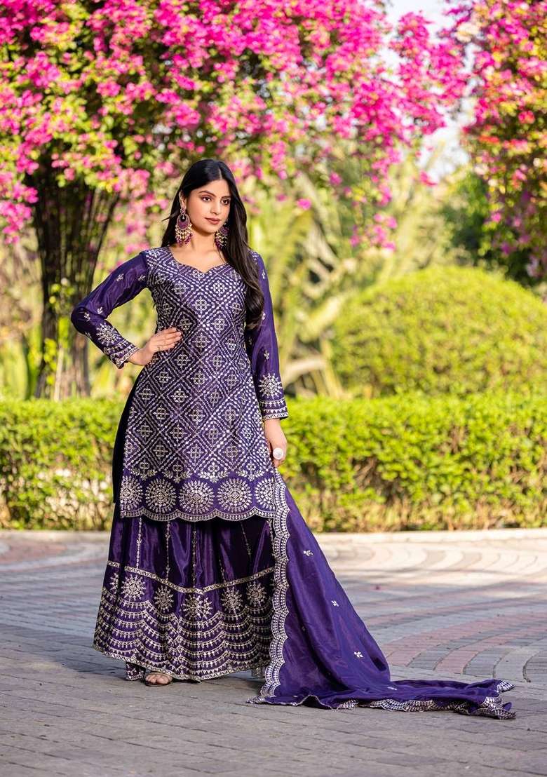 Blue Embroidered Chinon Sharara Set - Indya