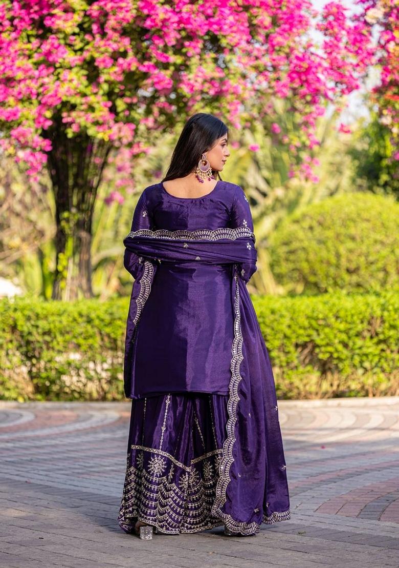 Blue Embroidered Chinon Gown With Dupatta - Indya