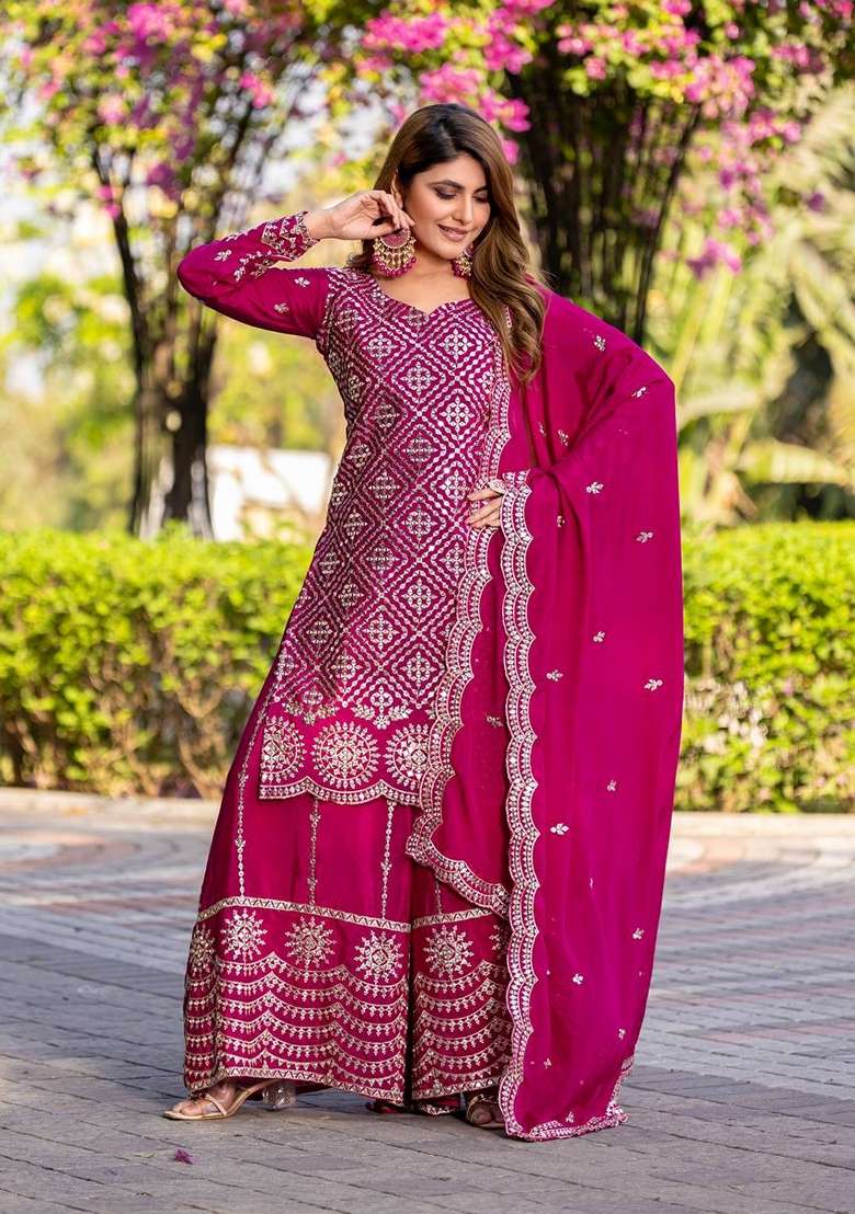 Pink Embroidered Chinon Sharara Set - Indya