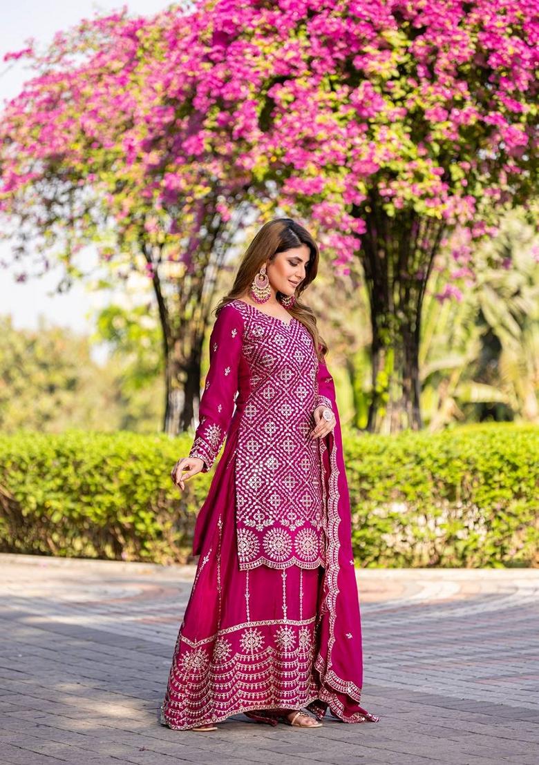 Pink Embroidered Chinon Gown With Dupatta - Indya