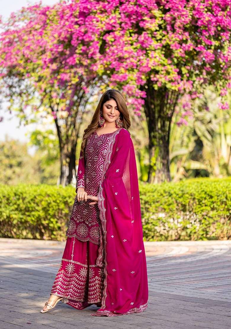 Pink Embroidered Chinon Sharara Set - Indya