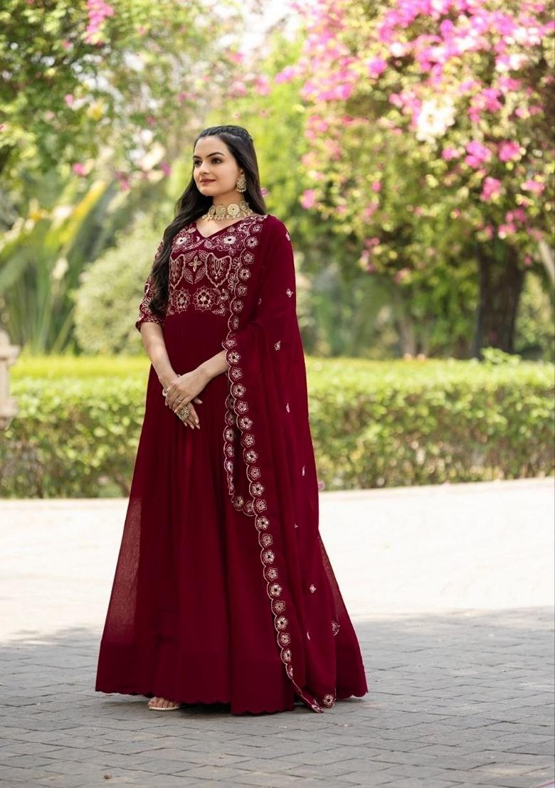 Maroon Embroidered Georgette Gown With Dupatta - Indya