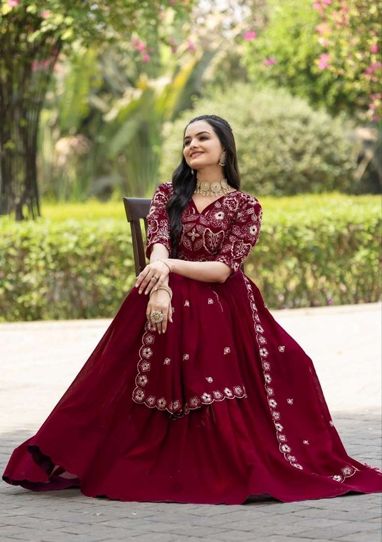 Maroon Embroidered Georgette Gown With Dupatta - Indya