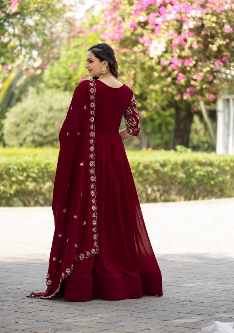 Maroon Embroidered Georgette Gown With Dupatta - Indya