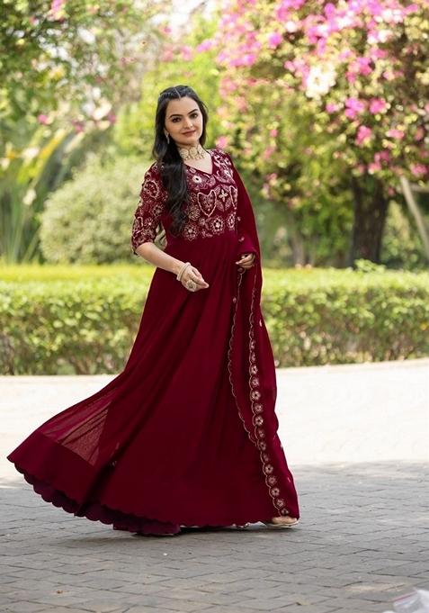 Maroon Embroidered Georgette Gown With Dupatta