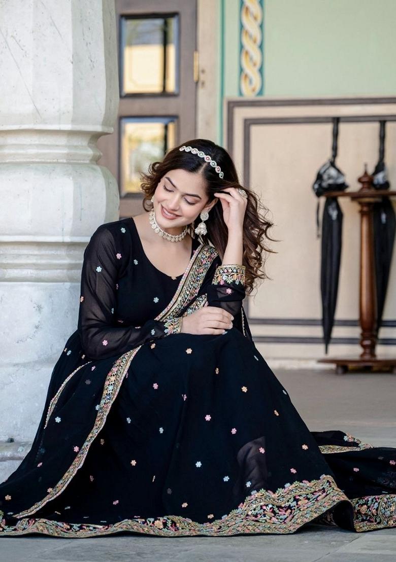 Black Embroidered Georgette Gown With Dupatta