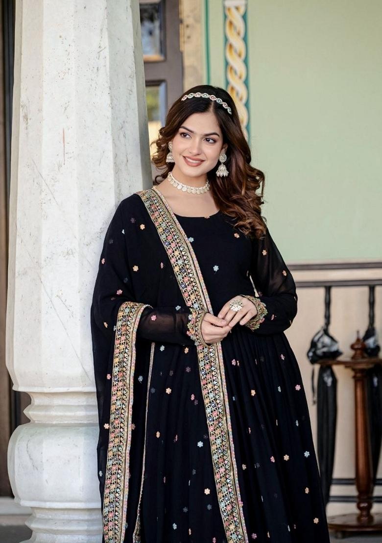 Black Embroidered Georgette Gown With Dupatta