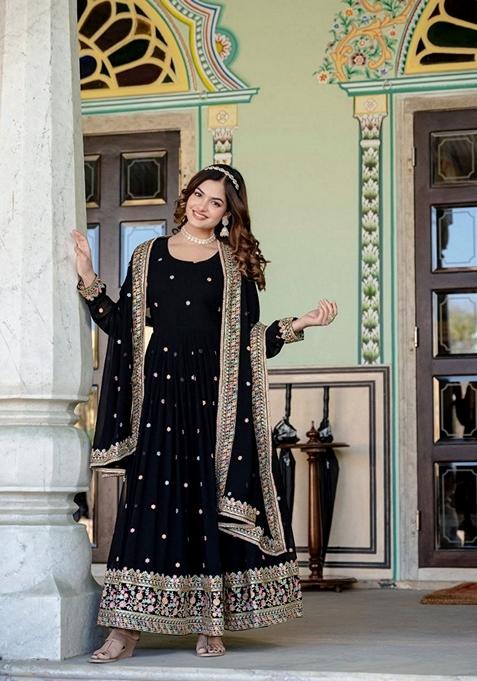 Black Embroidered Georgette Gown With Dupatta