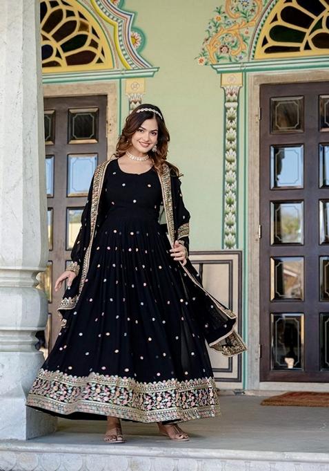 Black Embroidered Georgette Gown With Dupatta