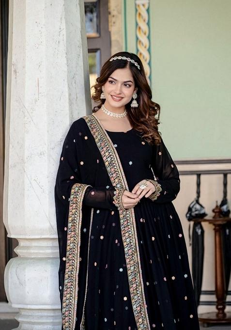 Black Embroidered Georgette Gown With Dupatta