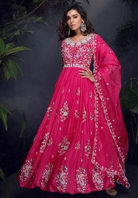Pink Embroidered Silk Anarkali Set With Dupatta