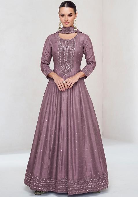 Pink Embroidered Silk Anarkali With Dupatta