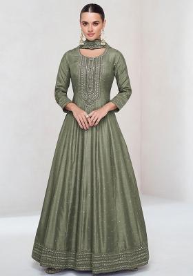Olive Green Embroidered Silk Anarkali Set