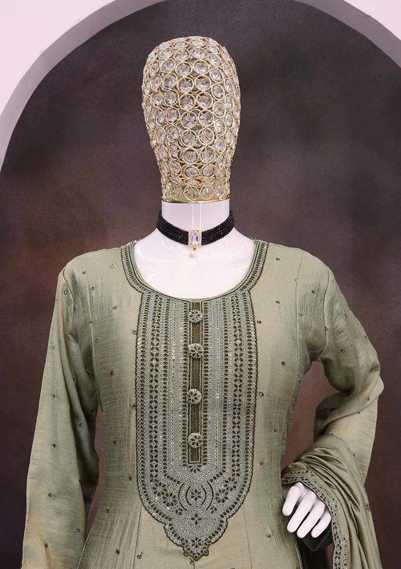 Olive Green Embroidered Silk Anarkali Set
