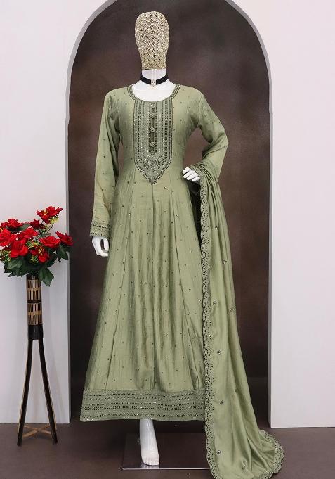 Olive Green Embroidered Silk Anarkali Set