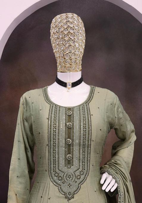 Olive Green Embroidered Silk Anarkali Set