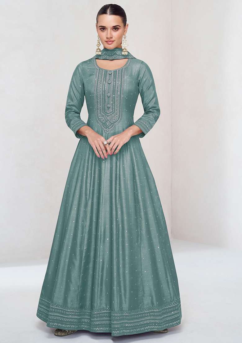 Teal Green Embroidered Silk Blend Anarkali With Dupatta - Indya