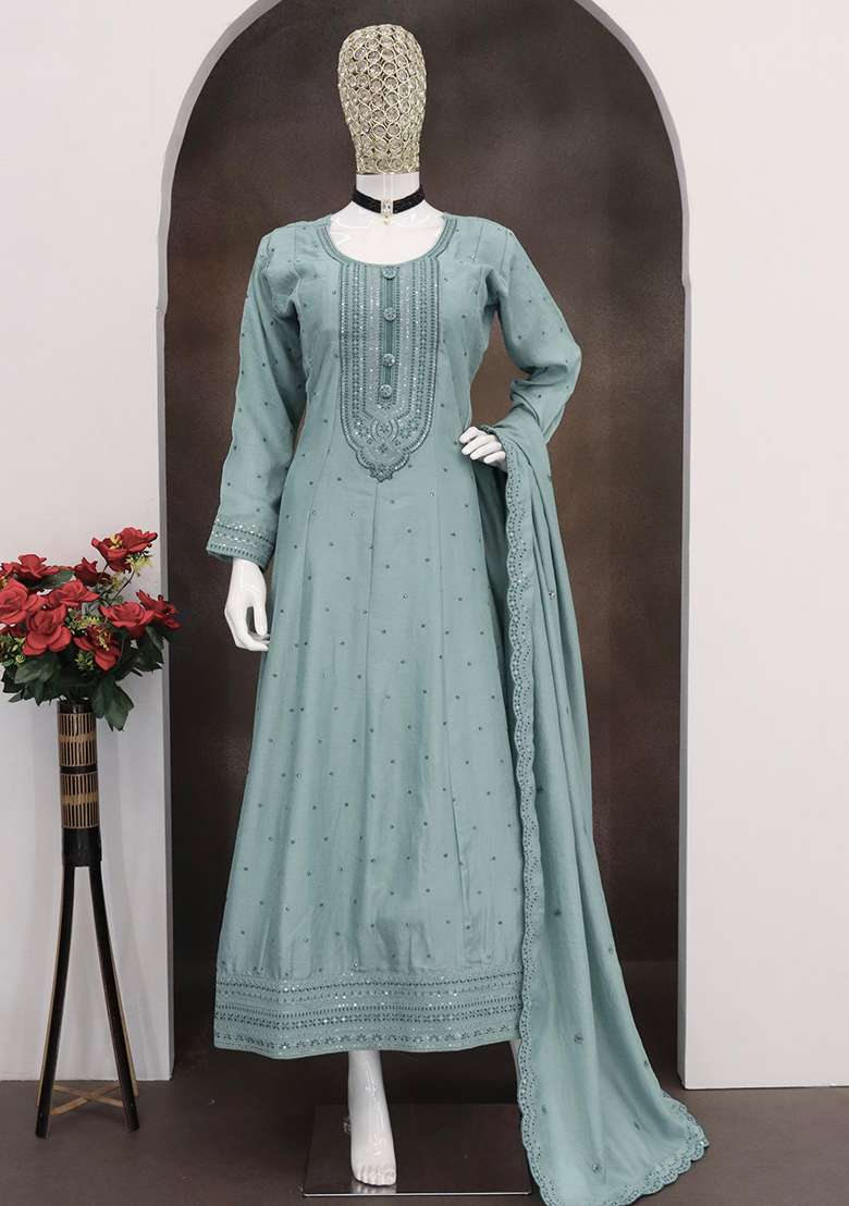 Teal Green Embroidered Silk Blend Anarkali With Dupatta - Indya