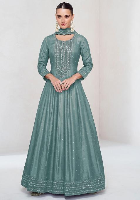 Teal Green Embroidered Silk Anarkali With Dupatta