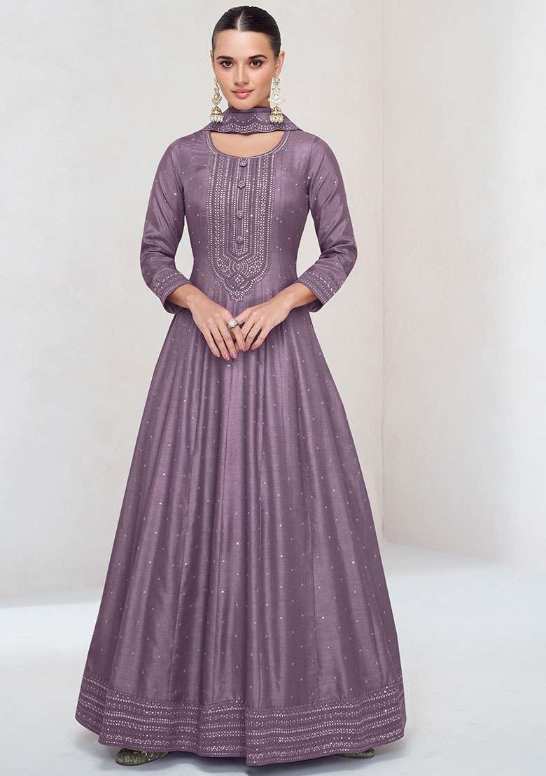 Lavender Embroidered Silk Blend Anarkali With Dupatta - Indya