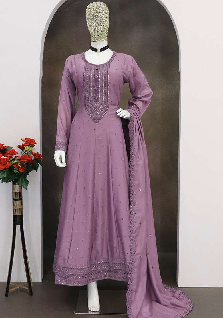 Lavender Embroidered Silk Blend Anarkali With Dupatta - Indya