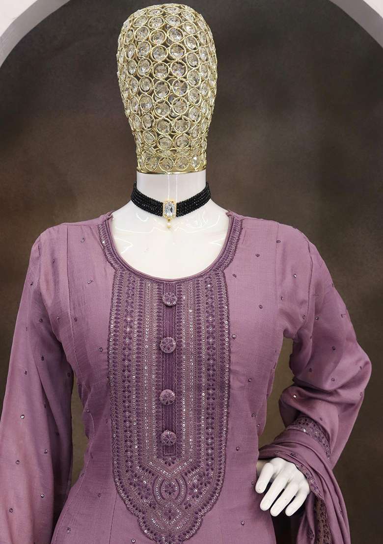 Lavender Embroidered Silk Blend Anarkali With Dupatta - Indya