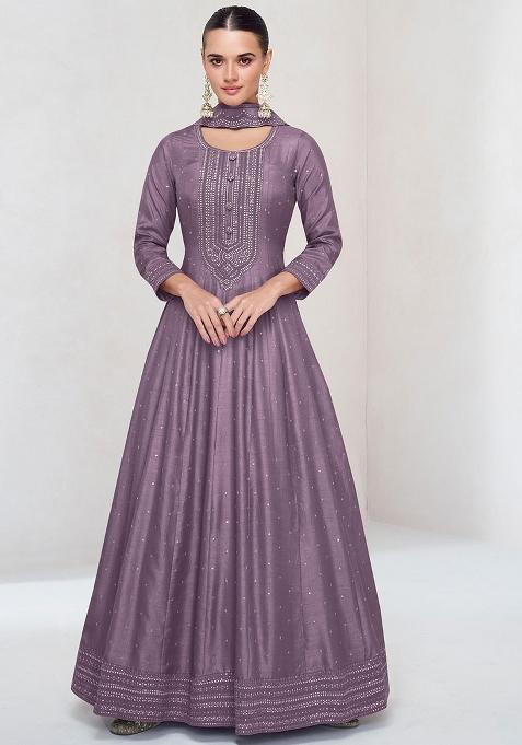 Lavender Embroidered Silk Anarkali With Dupatta
