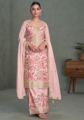 Beige Embroidered Silk Salwar Kameez Set With Dupatta