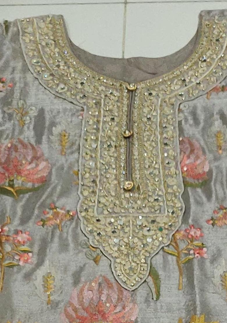 Beige Embroidered Silk Salwar Kameez Set With Dupatta