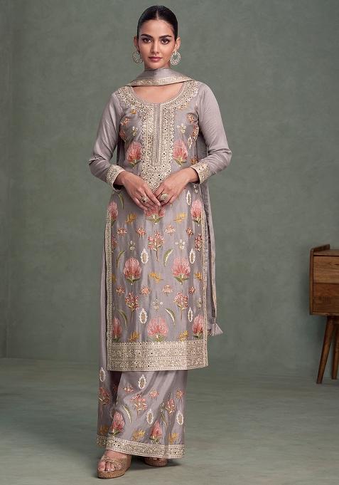 Beige Embroidered Silk Salwar Kameez Set With Dupatta