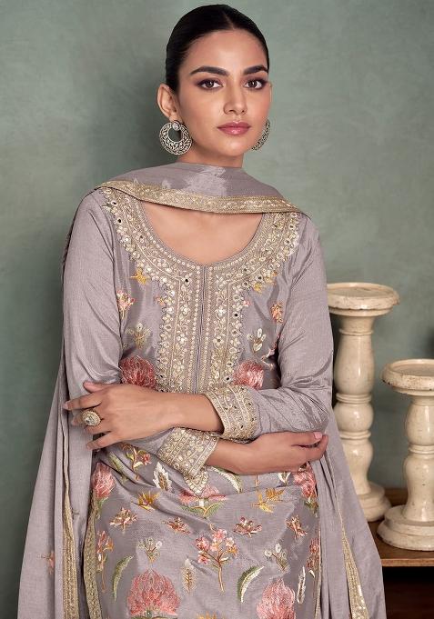 Beige Embroidered Silk Salwar Kameez Set With Dupatta