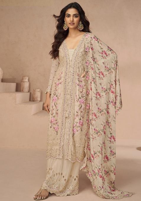 Chiku Sequence Embroidered Chinon Salwar Kameez With Dupatta