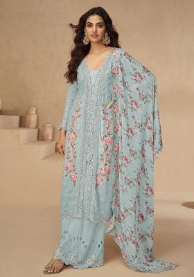 Sky Blue Sequence Embroidered Chinon Salwar Kameez With Dupatta