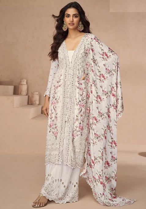 White Sequence Embroidered Chinon Salwar Kameez With Dupatta