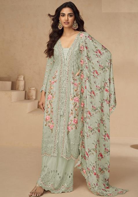 Green Sequence Embroidered Chinon Salwar Kameez With Dupatta