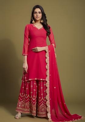Pink Embroidered Georgette Sharara Set With Dupatta