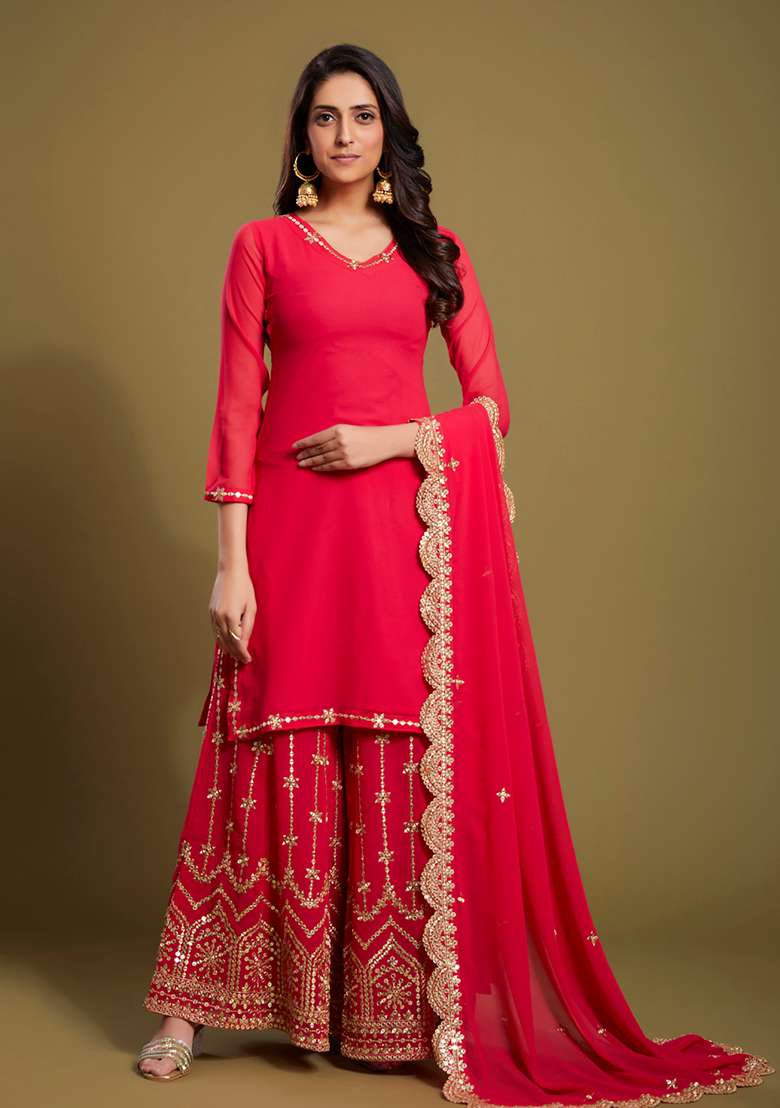 Pink Embroidered Georgette Sharara Set - Indya