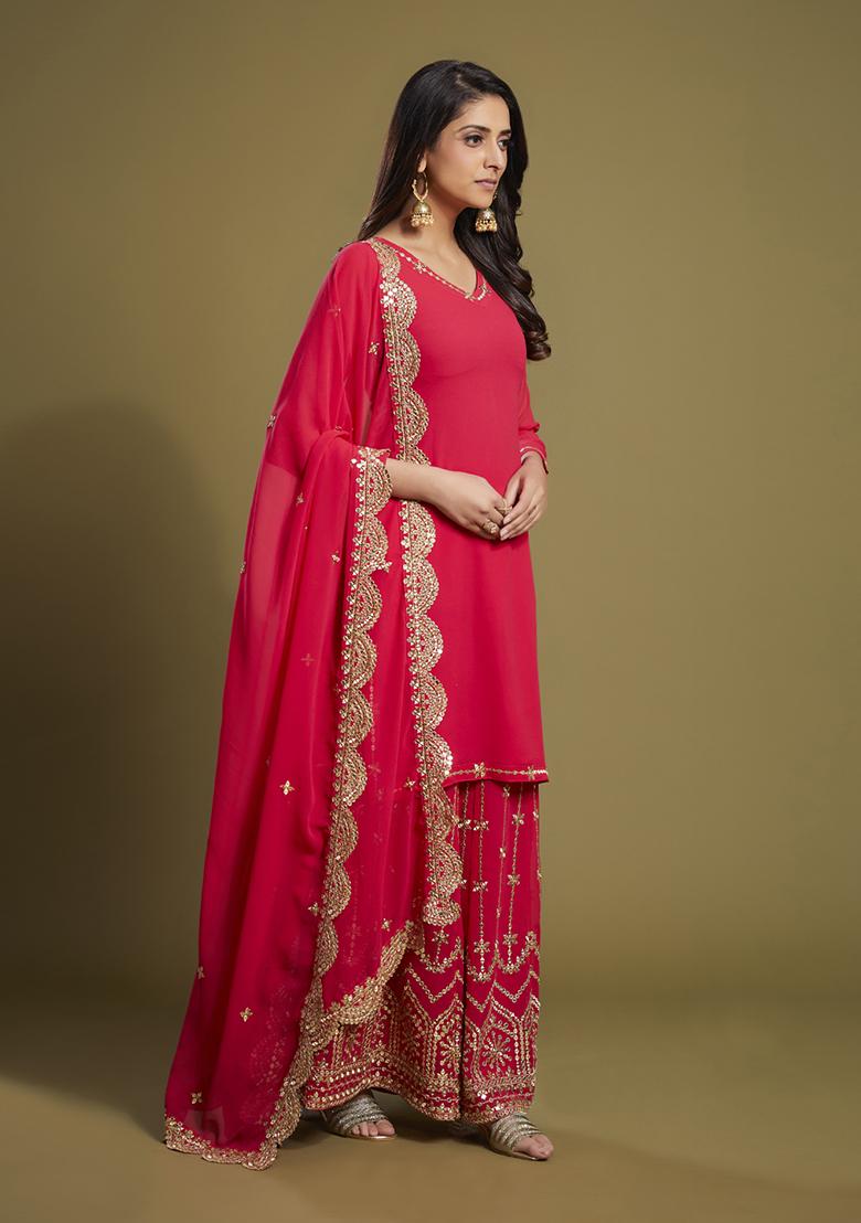 Pink Embroidered Georgette Sharara Set With Dupatta - Indya