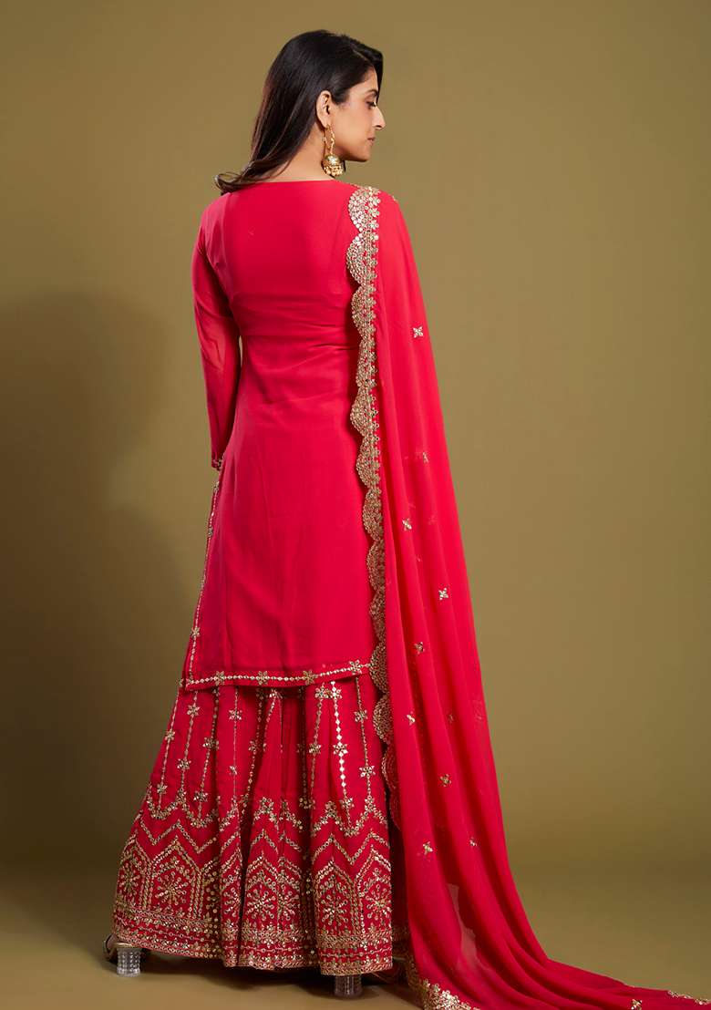 Pink Embroidered Georgette Sharara Set - Indya