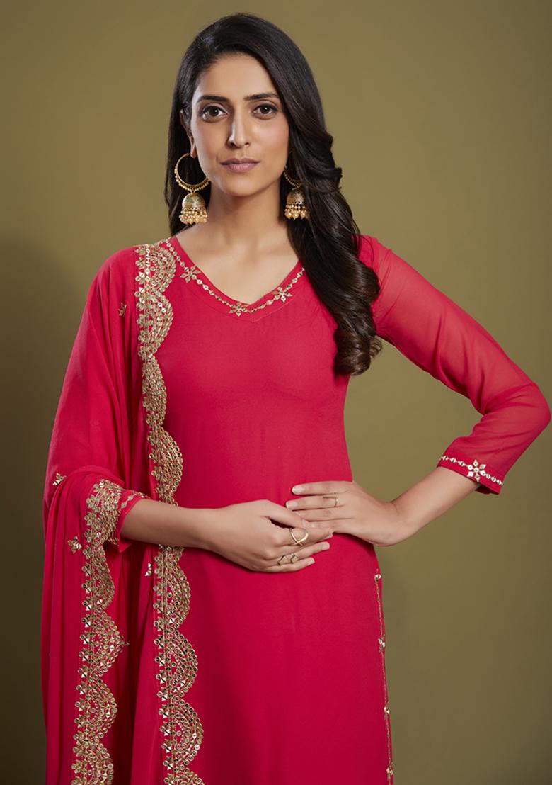 Pink Embroidered Georgette Sharara Set With Dupatta - Indya