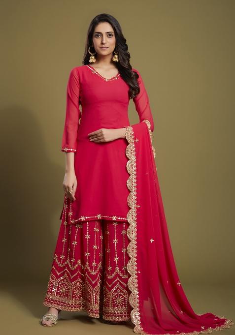 Pink Embroidered Georgette Sharara Set With Dupatta