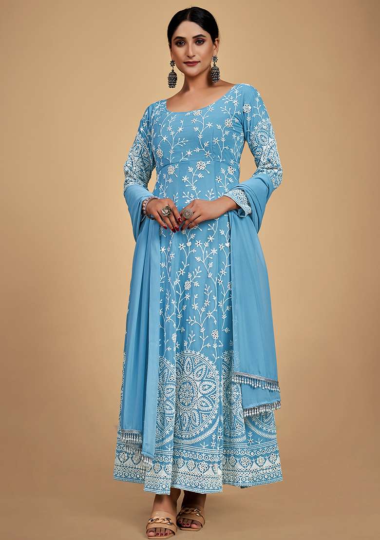 Blue Chikankari Georgette Anarkali Set - Indya