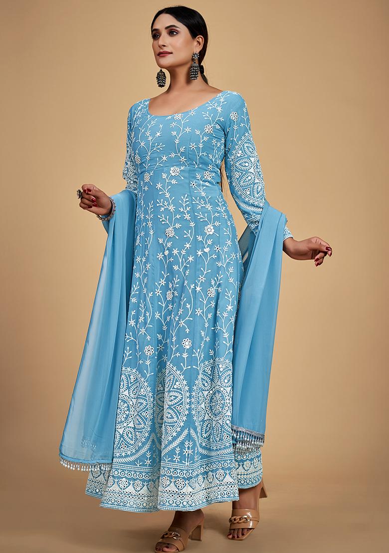 Blue Embroidered Georgette Salwar Kameez With Dupatta - Indya