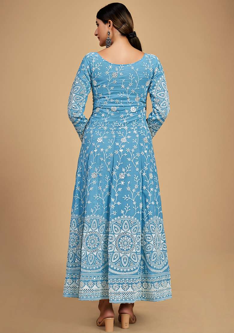 Blue Chikankari Georgette Anarkali Set - Indya
